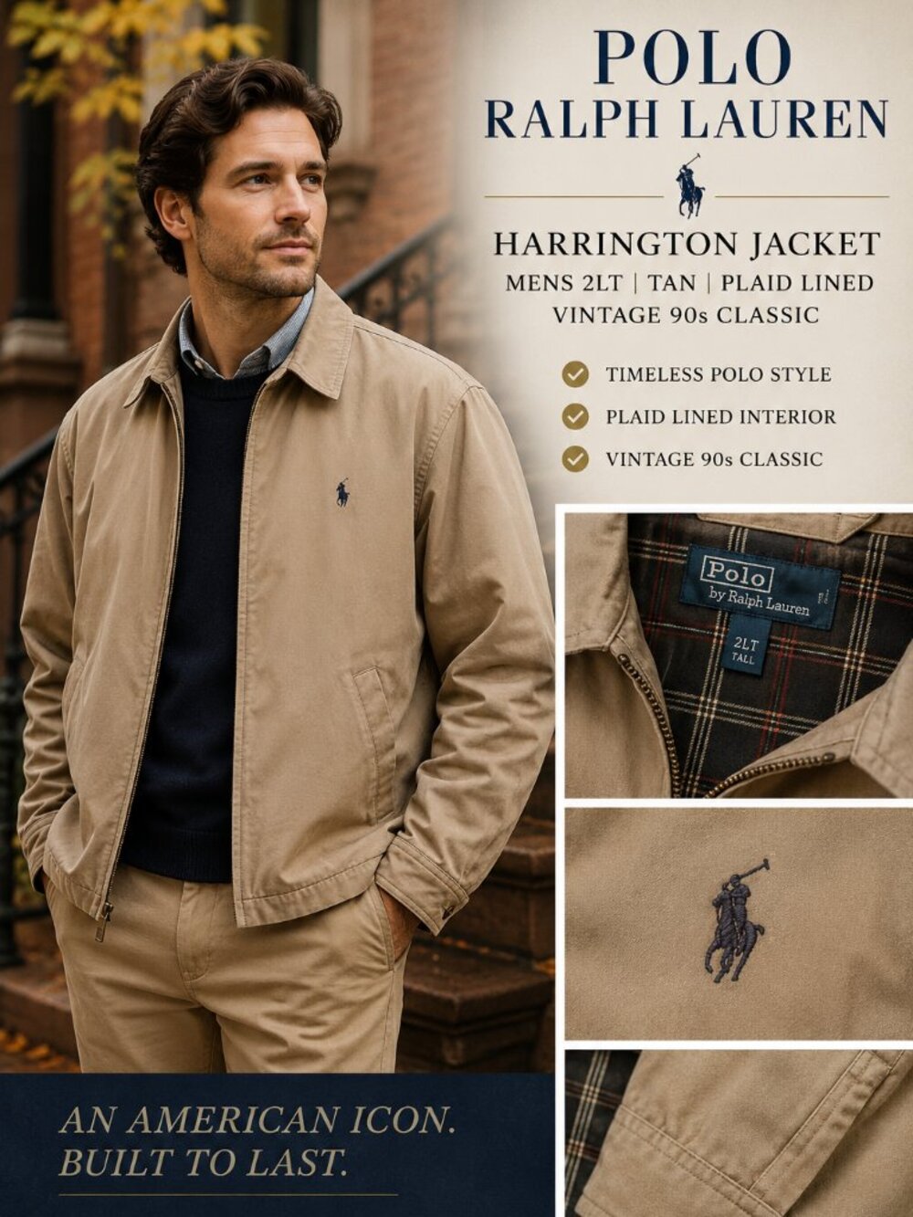 Polo Ralph Lauren Jacket Mens 2LT Harrington Tan Plaid Lined Vintage 90s Classic